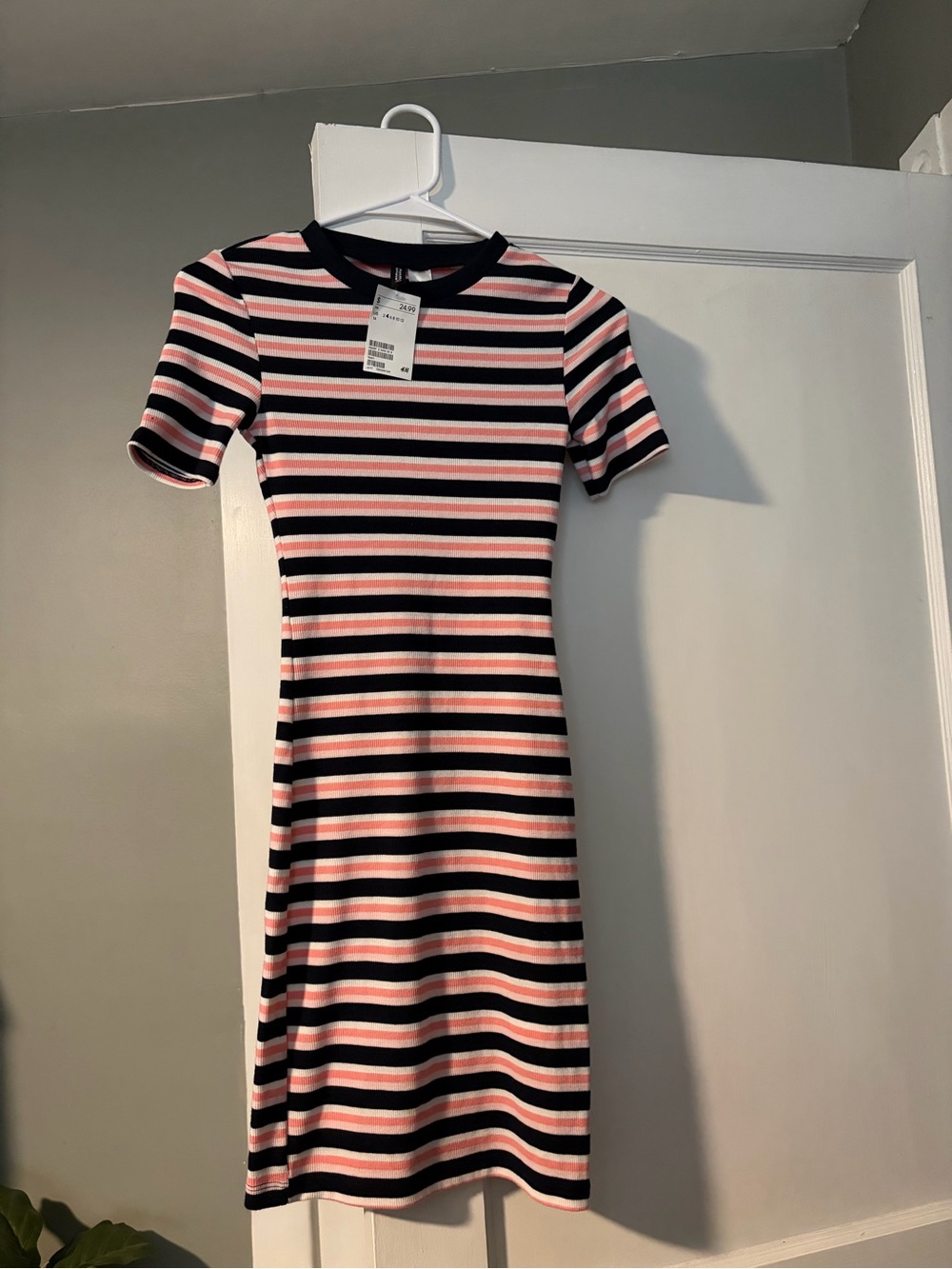 H&M Striped Short-Sleeve Midi Dress - Pink & Deep Navy